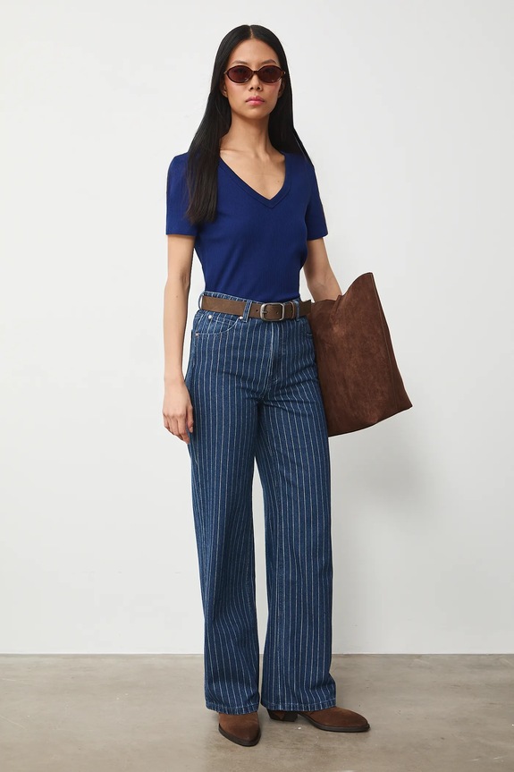 Bavlnené tričko dámske s elastanom vrúbkovaný s elastanom modrá RS26-TSD031