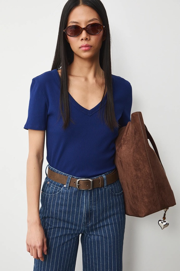 Bavlnené tričko dámske s elastanom vrúbkovaný RS26-TSD031 modrá RS26