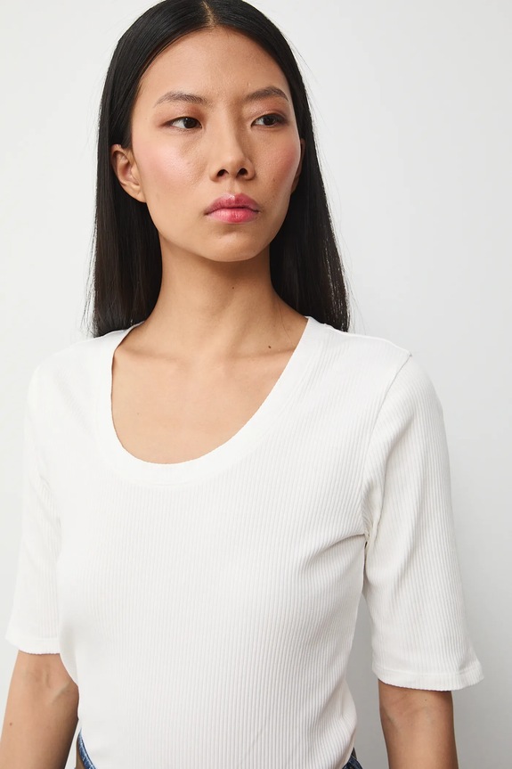 Bavlněné tričko dámské s elastanem a žebrováním béžová RS26-TSD033