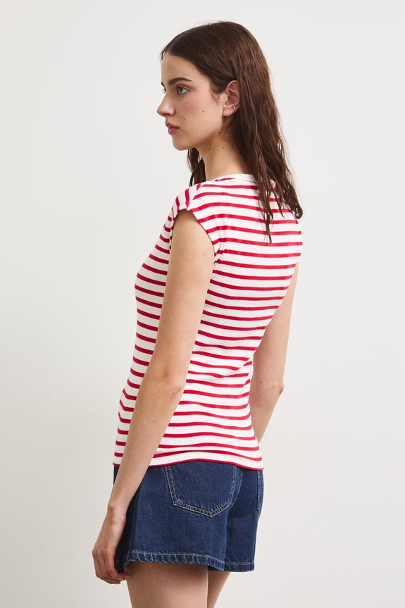 Odzież T-shirt damski z modalem w paski RS26-TSD090 beżowy