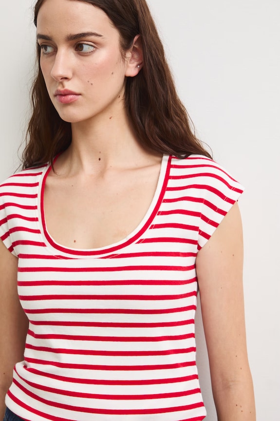 T-shirt damski z modalem w paski beżowy RS26-TSD090