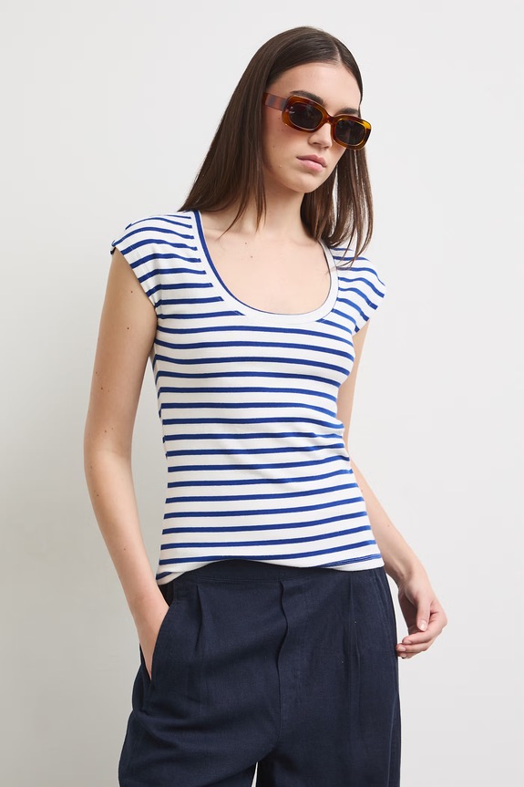 T-shirt damski z modalem w paski niebieski RS26-TSD090