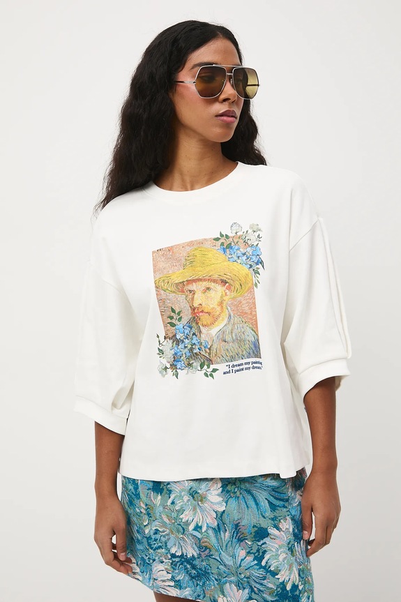 T-shirt bawełniany damski z kolekcji Eviva L'arte RS26-TSD262 beżowy RS26
