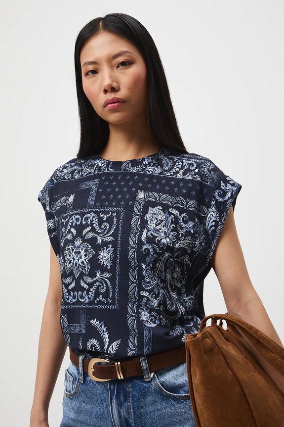 Tričko dámské se vzorem a viskózou regular námořnická modř RS26-TSD302