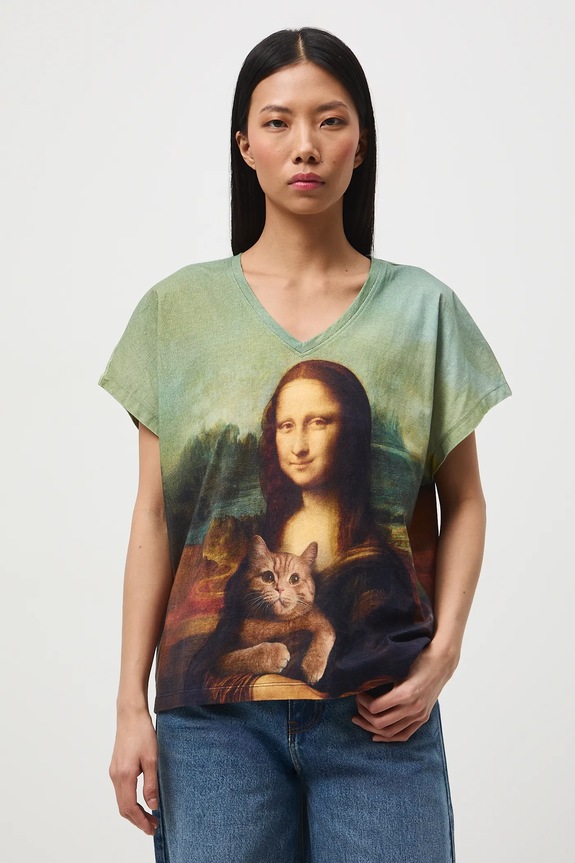T-shirt bawełniany damski z okazji Dnia Kota wzorzyste szary RS26-TSD354