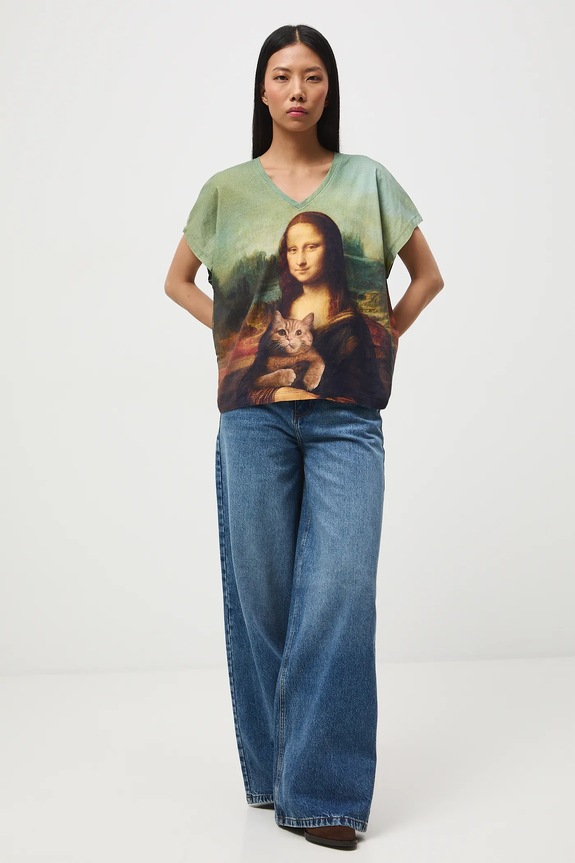 T-shirt bawełniany damski z okazji Dnia Kota RS26-TSD354 szary RS26