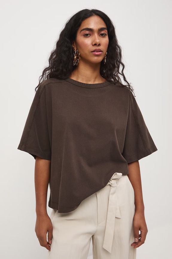 T-shirt oversize damski bawełniany brązowy RS26-TSD510