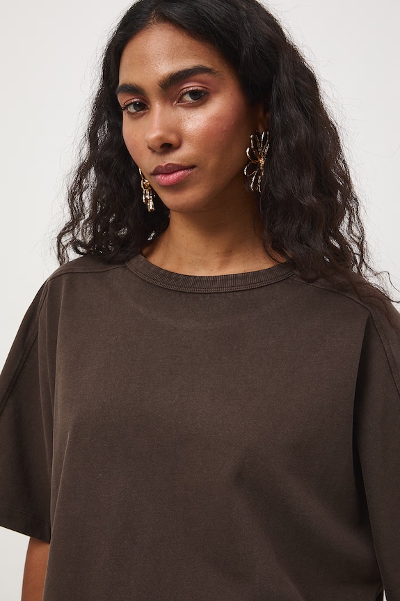 T-shirt oversize damski bawełniany brązowy RS26-TSD510