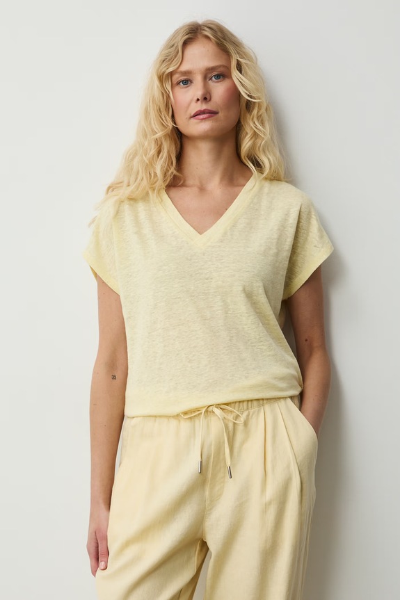 T-shirt damski lniany Basic żółty RS26-TSD700