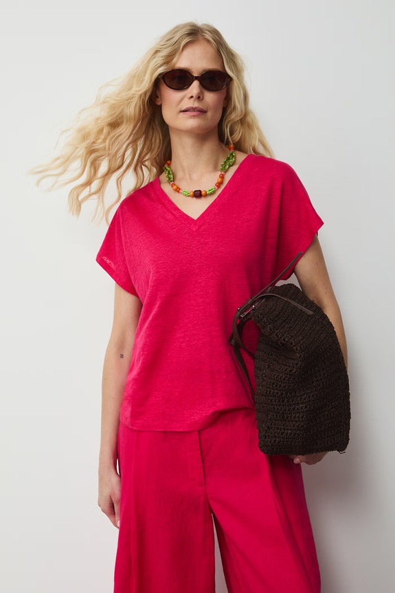 T-shirt damski lniany Basic różowy RS26-TSD700