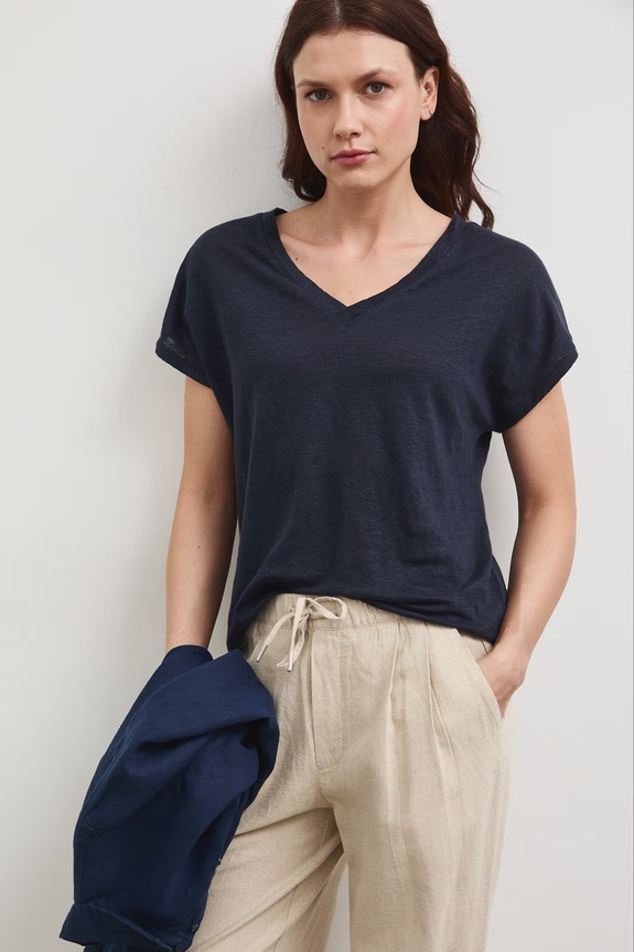 T-shirt damski lniany Basic granatowy RS26-TSD700