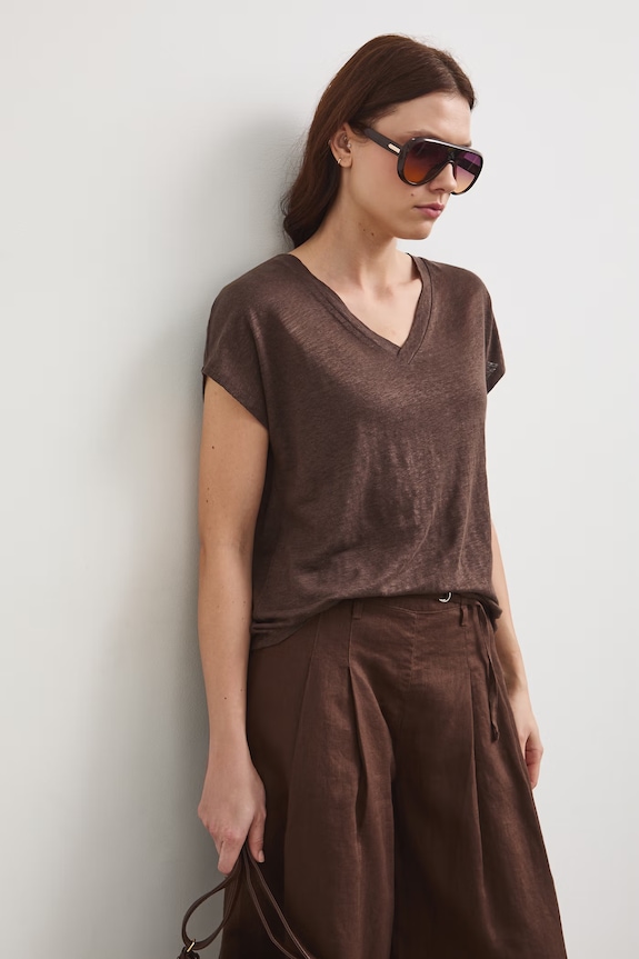 T-shirt damski lniany Basic brązowy RS26-TSD700