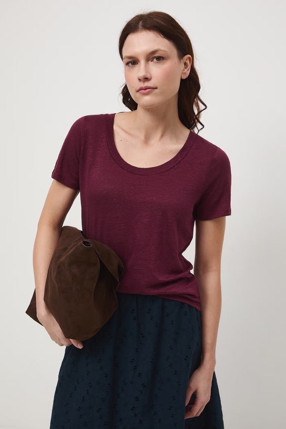 T-shirt damski lniany Basic bordowy RS26-TSD701