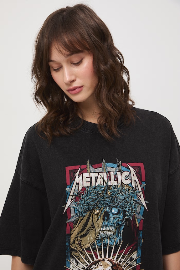 T-shirt oversize damski bawełniany Metallica szary RS26-TSD770