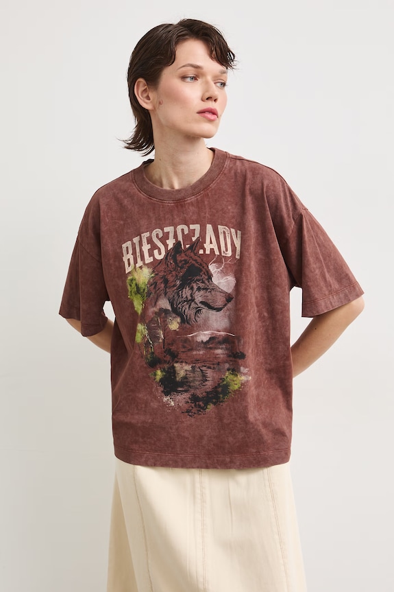 T-shirt oversize damski bawełniany z kolekcji Bieszczadzki Park Narodowy x Medicine RS26-TSD858 brązowy RS26