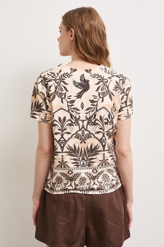 Odzież T-shirt damski bawełniany z motywem roślinnym RS26-TSD902 beżowy