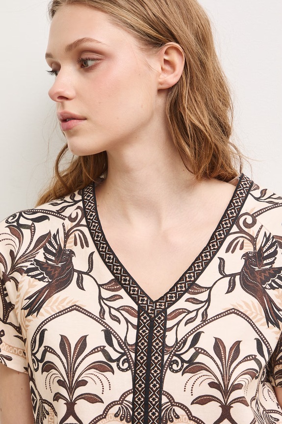 T-shirt damski bawełniany z motywem roślinnym beżowy RS26-TSD902