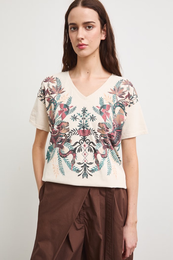 T-shirt damski bawełniany z motywem zwierzęcym beżowy RS26-TSD905