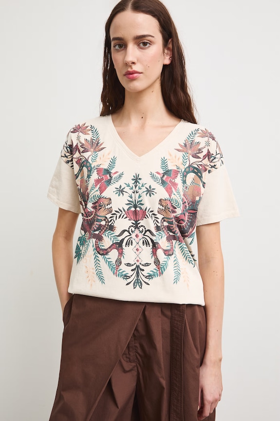 T-shirt damski bawełniany z motywem zwierzęcym beżowy RS26-TSD905