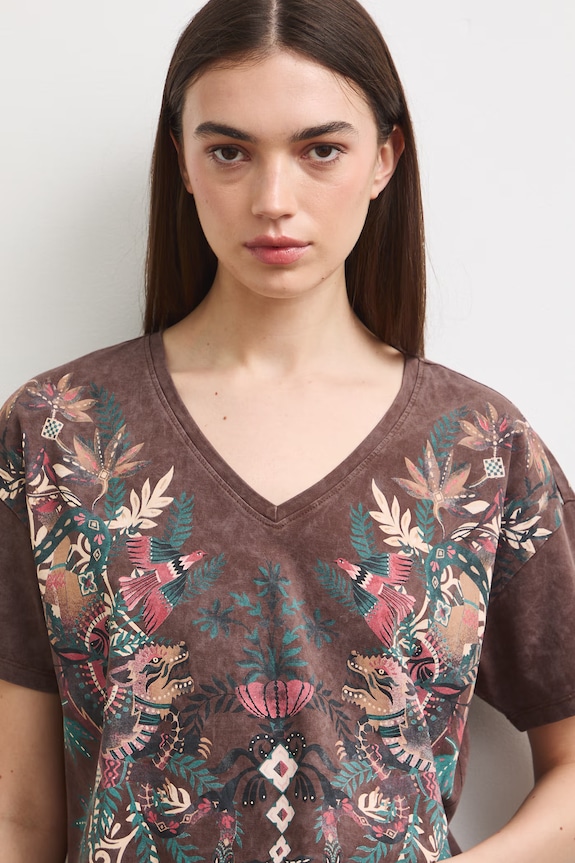 T-shirt damski bawełniany z motywem zwierzęcym brązowy RS26-TSD905