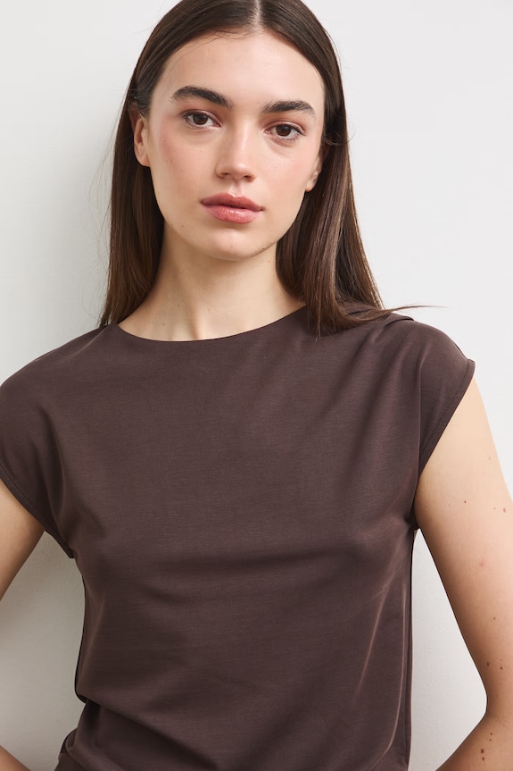 T-shirt damski z modalem gładki brązowy RS26-TSD910