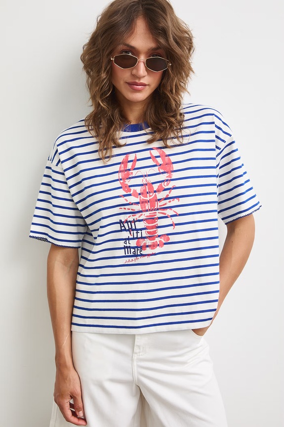 T-shirt damski bawełniany z nadrukiem niebieski RS26-TSDA02