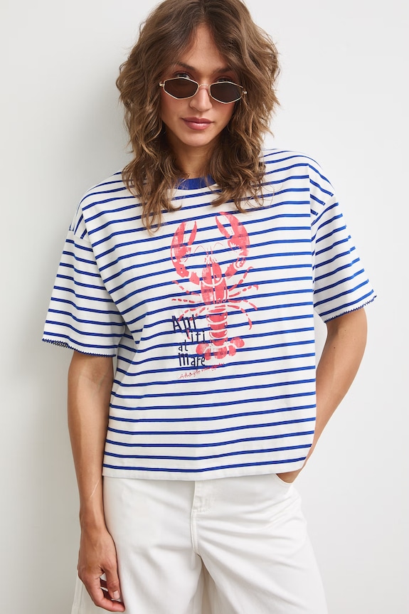 T-shirt damski bawełniany z nadrukiem niebieski RS26-TSDA02