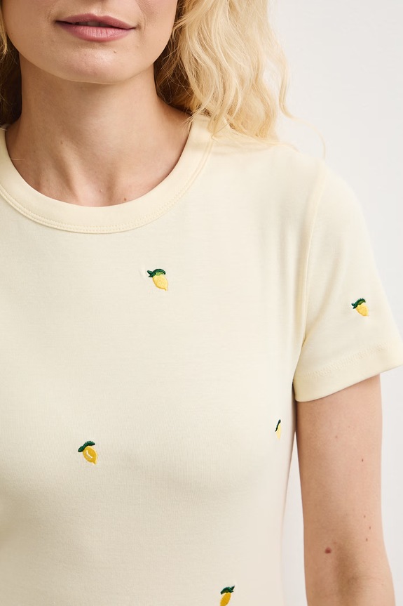T-shirt damski bawełniany z elastanem z motywem owoców RS26-TSDA12 żółty