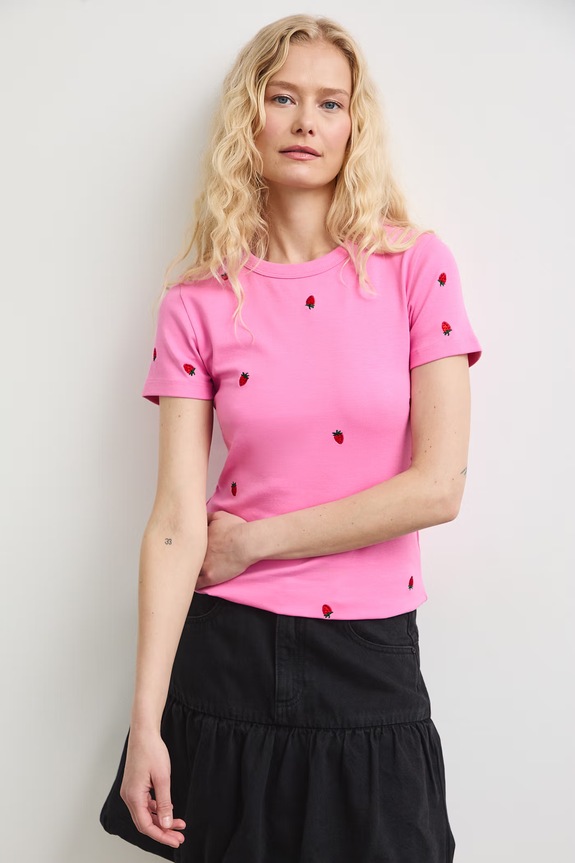 T-shirt damski bawełniany z elastanem z motywem owoców różowy RS26-TSDA12
