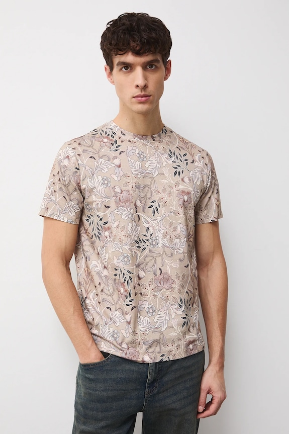 T-shirt bawełniany męski wzorzysty bawełna beżowy RS26-TSM010
