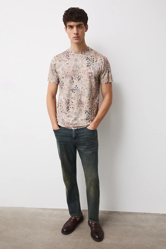 T-shirt bawełniany męski wzorzysty RS26-TSM010 beżowy RS26