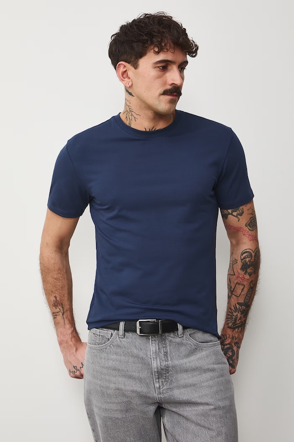 T-shirt męski bawełniany z elastanem gładkie granatowy RS26-TSM041
