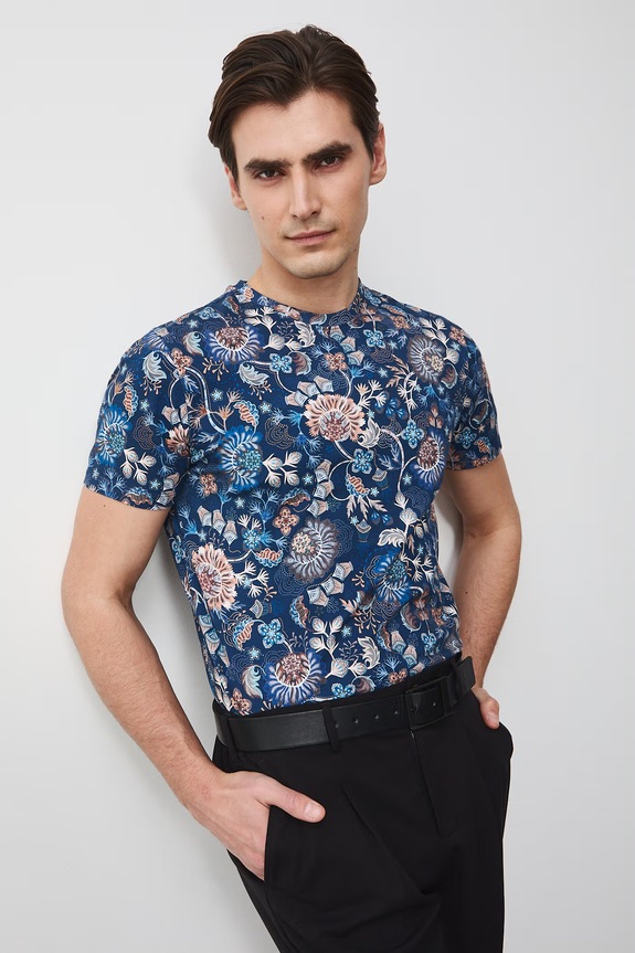 T-shirt męski bawełniany z elastanem niebieski RS26-TSM051