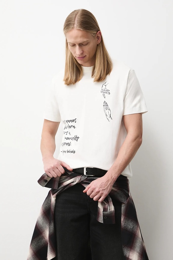 T-shirt bawełniany męski z kolekcji Eviva L'arte okrągły beżowy RS26-TSM252
