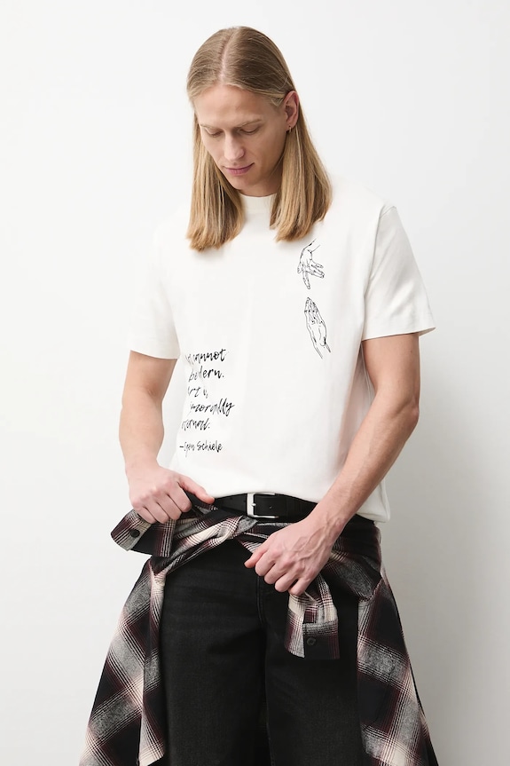 T-shirt bawełniany męski z kolekcji Eviva L'arte okrągły beżowy RS26-TSM252