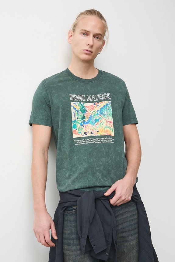 T-shirt bawełniany męski z kolekcji Eviva L'arte okrągły zielony RS26-TSM253