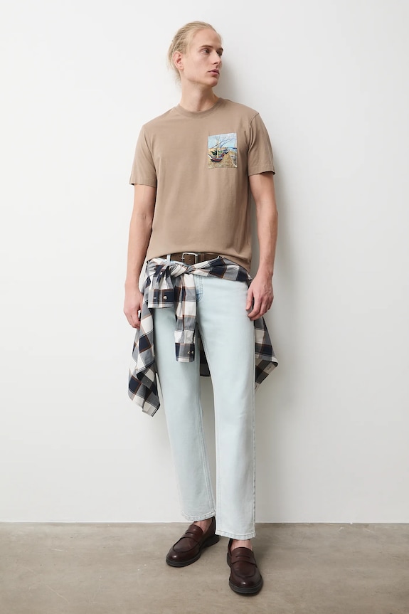 T-shirt bawełniany męski z elastanem z kolekcji Eviva L'arte okrągły beżowy RS26-TSM262