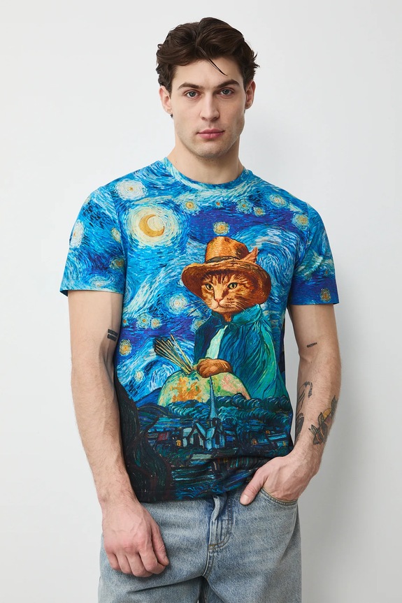 T-shirt bawełniany męski z elastanem z okazji Dnia Kota wzorzyste niebieski RS26-TSM355