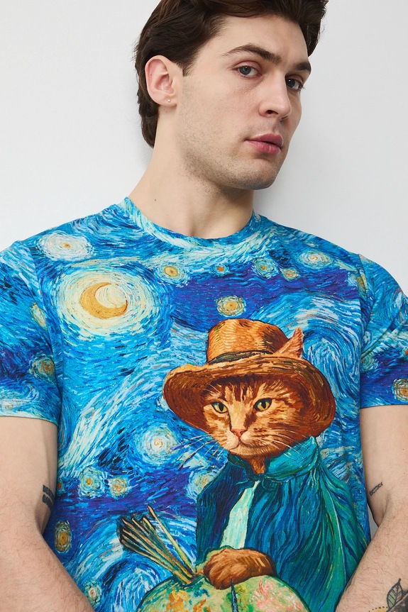 T-shirt bawełniany męski z elastanem z okazji Dnia Kota niebieski RS26-TSM355