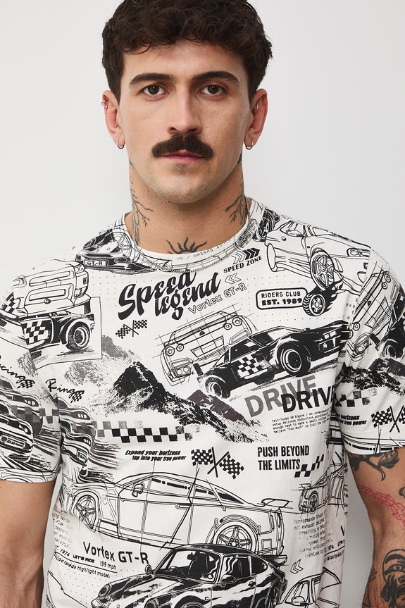 Bavlněné tričko pánské se vzorem béžová RS26-TSM405