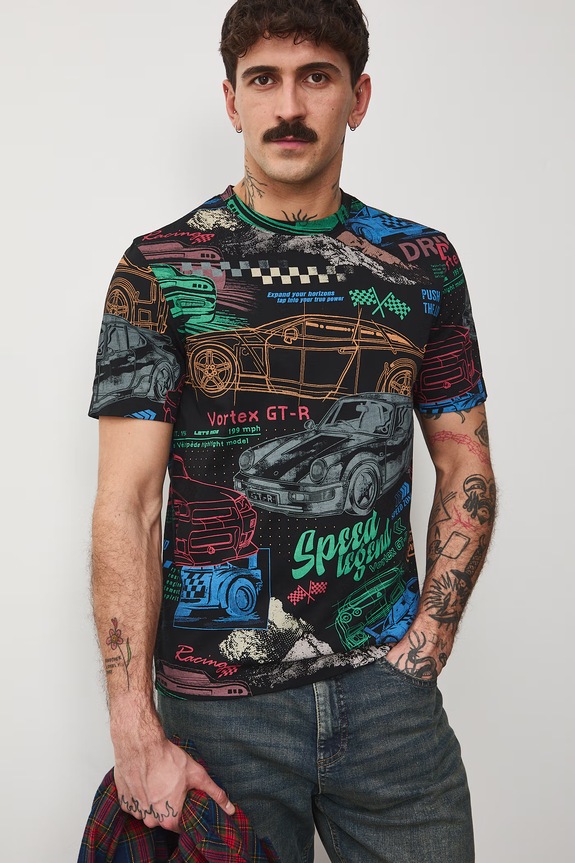 Bavlněné tričko pánské se vzorem regular černá RS26-TSM405