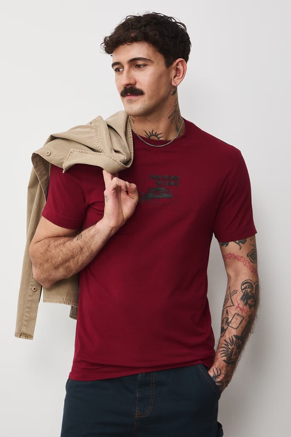 Bavlněné tričko pánské s potiskem s elastanem slim burgundské RS26-TSM406