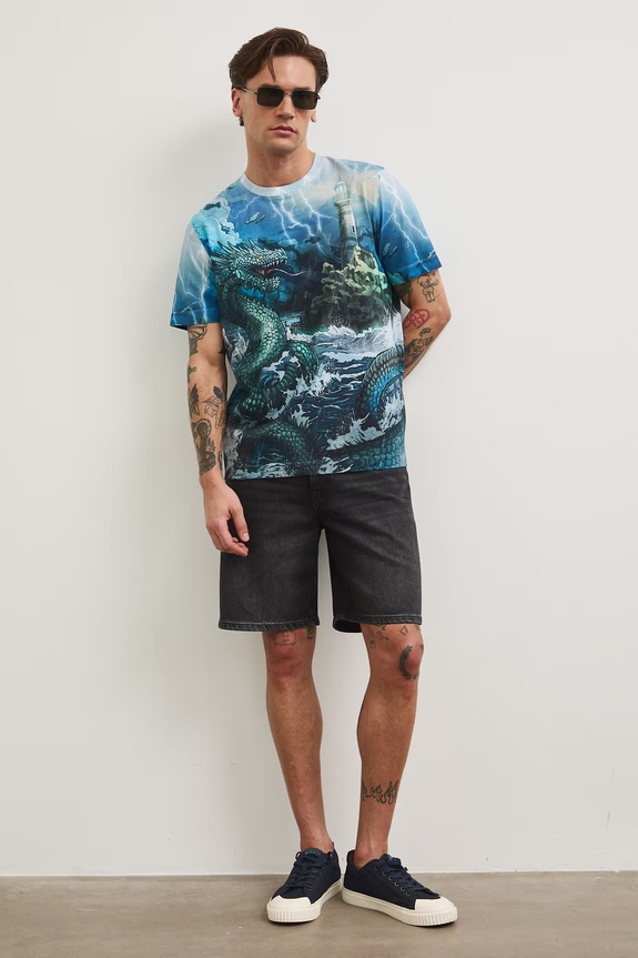 T-shirt męski bawełniany z elastanem niebieski RS26-TSM703
