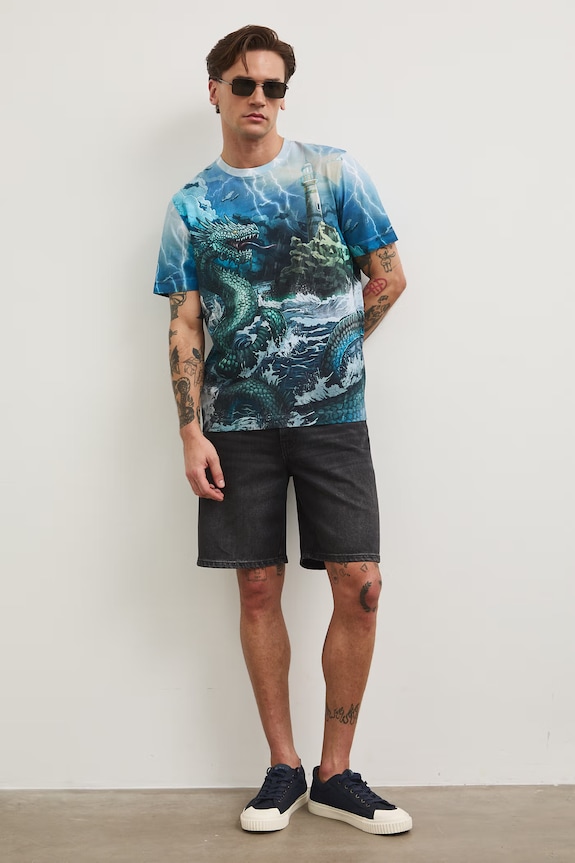 T-shirt męski bawełniany z elastanem niebieski RS26-TSM703