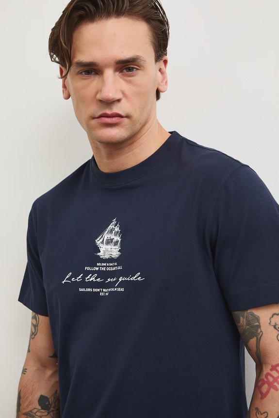 T-shirt męski bawełniany z elastanem granatowy RS26-TSM704