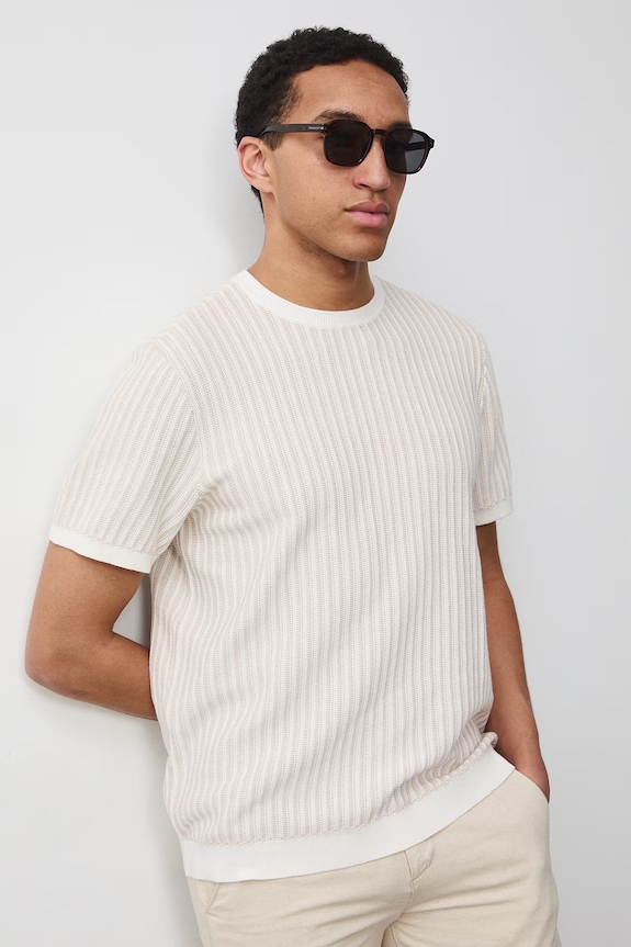 T-shirt swetrowy męski bawełniany beżowy RS26-TSM706
