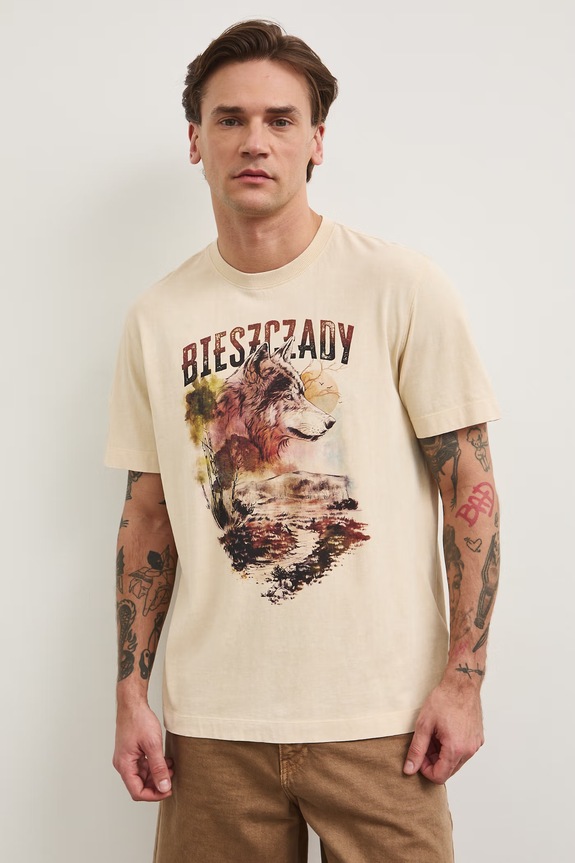 T-shirt męski bawełniany z kolekcji Bieszczadzki Park Narodowy x Medicine RS26-TSM853 beżowy RS26