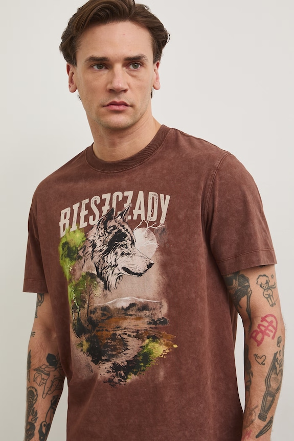 T-shirt męski bawełniany z kolekcji Bieszczadzki Park Narodowy x Medicine RS26-TSM853 brązowy RS26