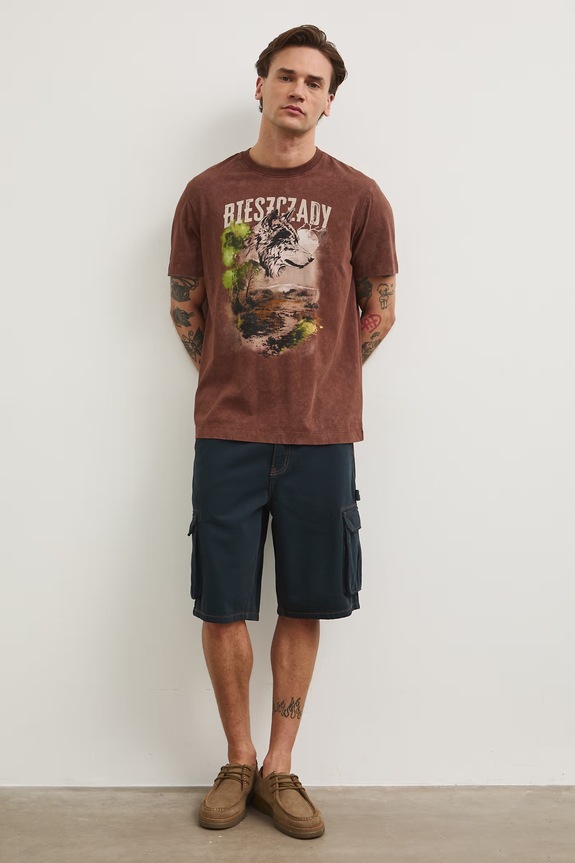 Odzież T-shirt męski bawełniany z kolekcji Bieszczadzki Park Narodowy x Medicine RS26-TSM853 brązowy