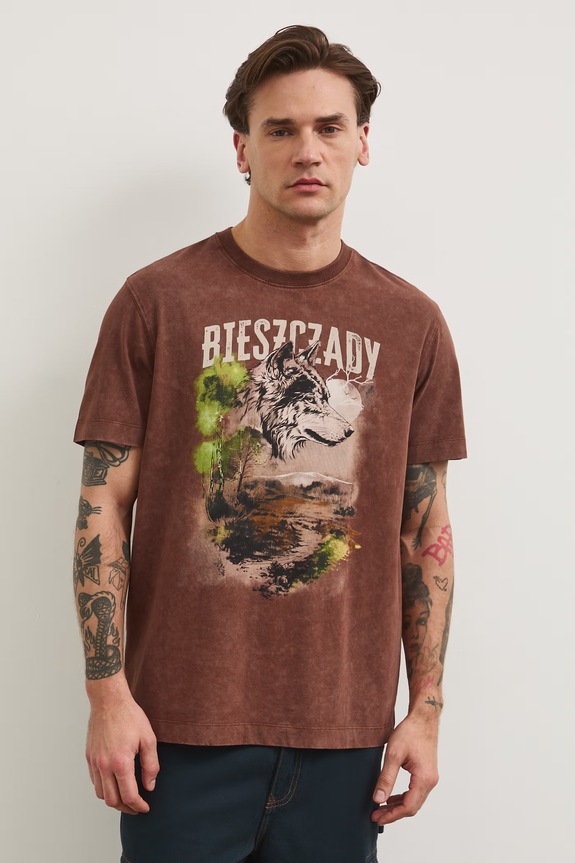 T-shirt męski bawełniany z kolekcji Bieszczadzki Park Narodowy x Medicine RS26-TSM853 brązowy
